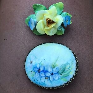 Vtg Artone Bone China Floral Bouquet Brooch England & Oval Cameo Pin Granny